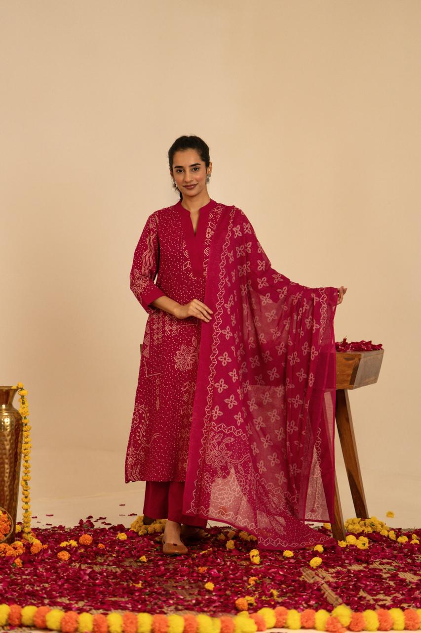 Red bhandni cotton full suit set