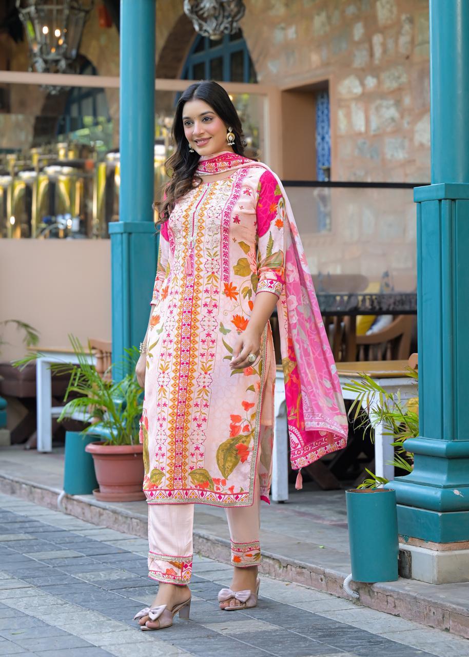 Pure crepe lining full suit in pink