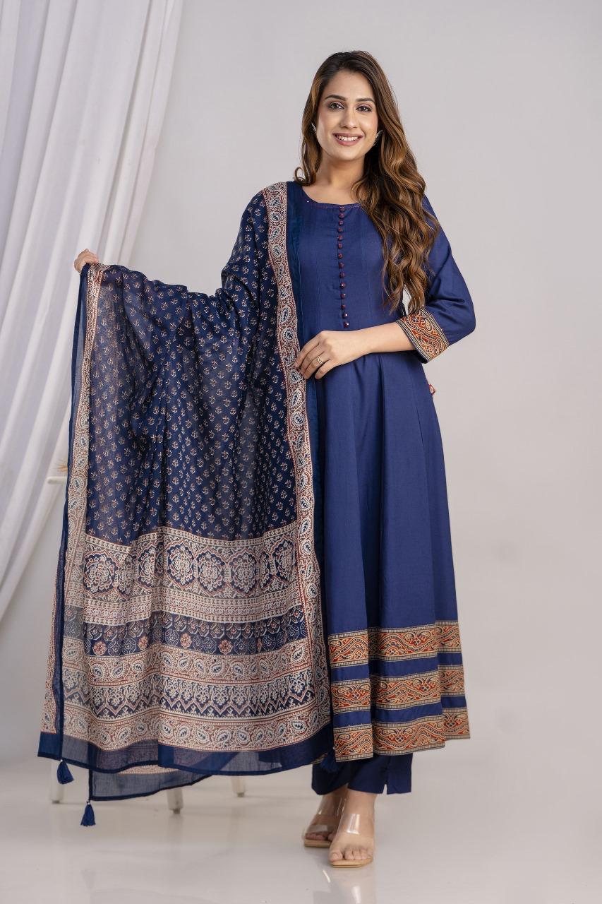 Blue heavy rayon Anarkali suit set