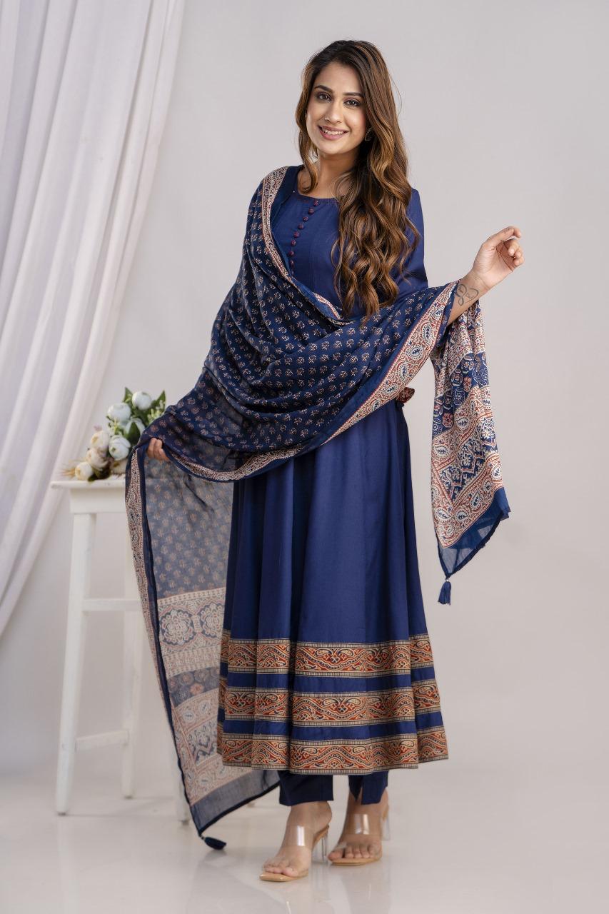 Blue heavy rayon Anarkali suit set