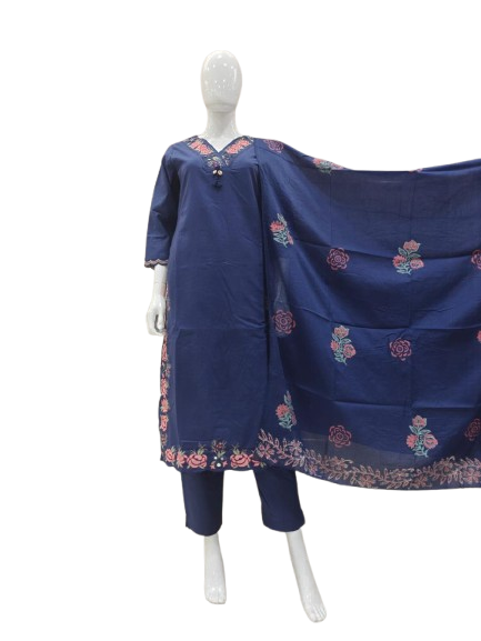 Pretty applique work suit set paired with block print dupatta