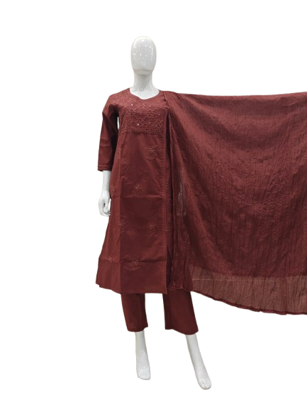 Brown chikankari angrakha premium cotton suit set (slight slim)