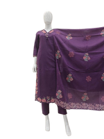 Pretty applique work suit set paired with block print dupatta in purple