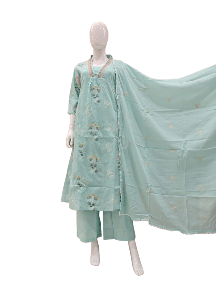 Mul cotton fully embroidered suit set ice blue