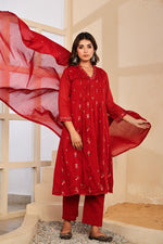 Restocked the best selling! Wow mul cotton embroidered cotton suit set in red