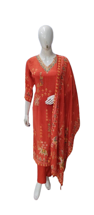 Pure crepe digital printed with pretty hand work on the kurta in orange