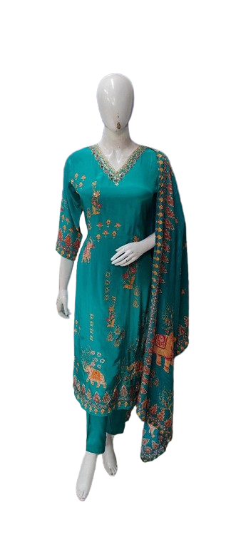Pure crepe digital printed with pretty hand work on the kurta in blue