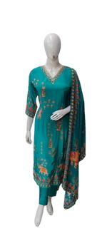 Pure crepe digital printed with pretty hand work on the kurta in blue