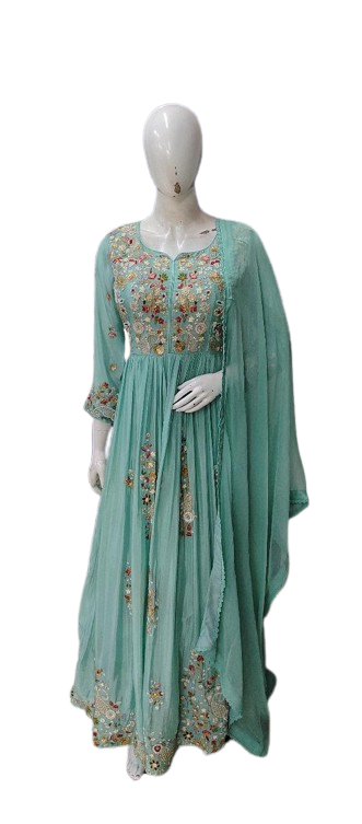Premium chinon hand embroidery gown with shiffon dupatta in blue