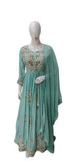 Premium chinon hand embroidery gown with shiffon dupatta in blue