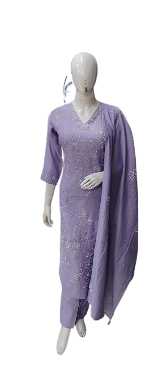 Muslin suit embroidered in purple