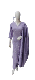Muslin suit embroidered in purple
