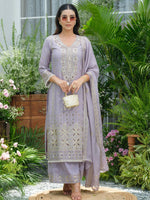 Lilac chinon with heavy shifli n embroidery suit set