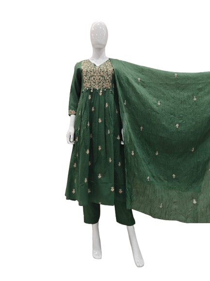 Zari detailing cotton suit set in green paired