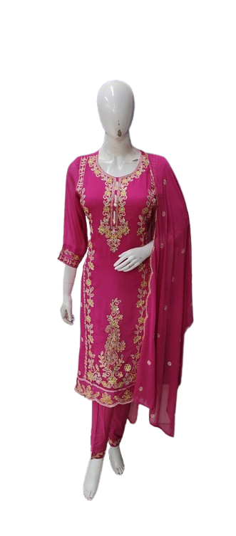 Rani pink pure chinon with intricate embroidery full suit set