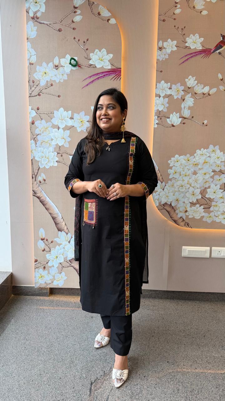 Premium cotton with applique work in black