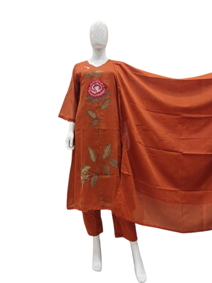 Gorgeous applique work Mul cotton suit set in rust