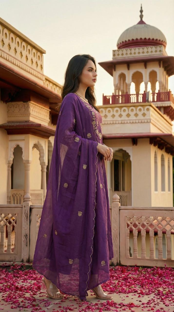 Pure mul cotton Zari detailing suit set in purple