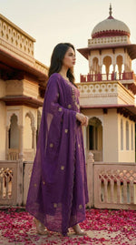Pure mul cotton Zari detailing suit set in purple