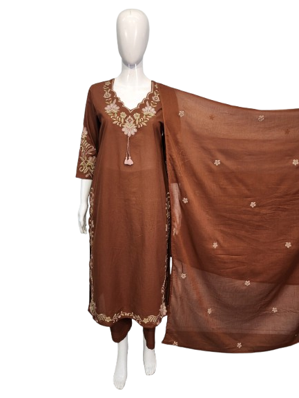 Super pretty embroidered sleeves kurta and dupatta suit set in brown