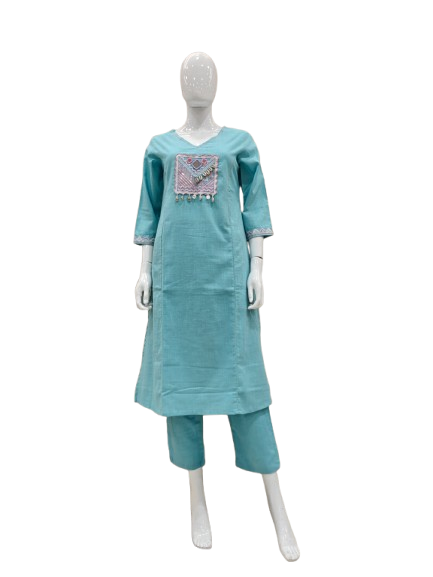 Sea green cotton with applique work kurta pant