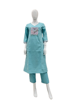 Sea green cotton with applique work kurta pant