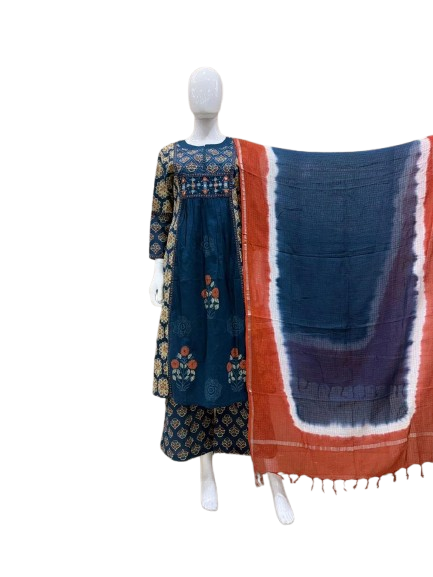 Pretty pretty cotton suit set paired with Kota Doria dupatta in blue