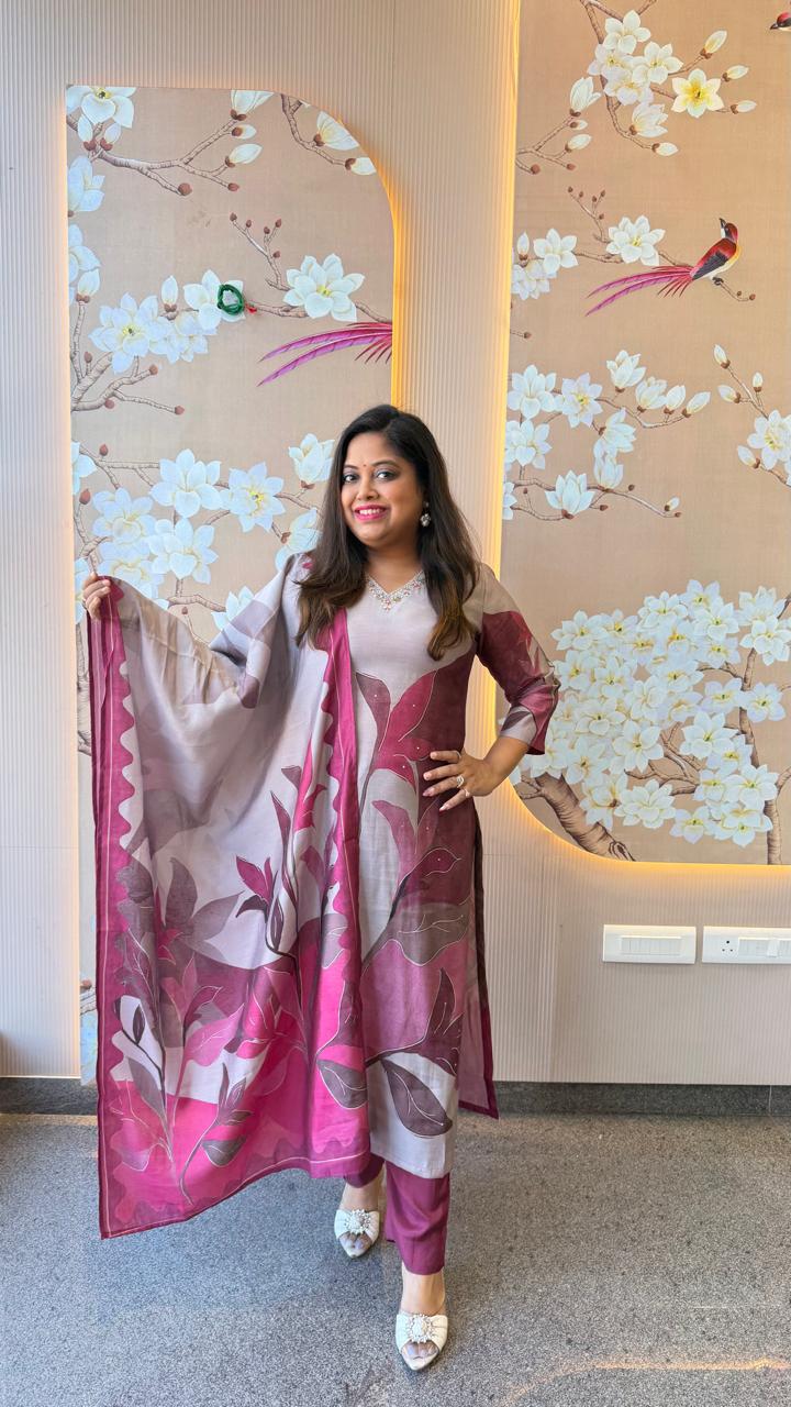 Premium modal digital printed full suit set in plum shade