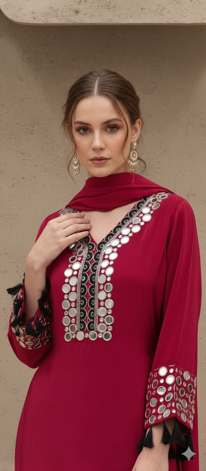 Pure crepe real mirror suit set in red