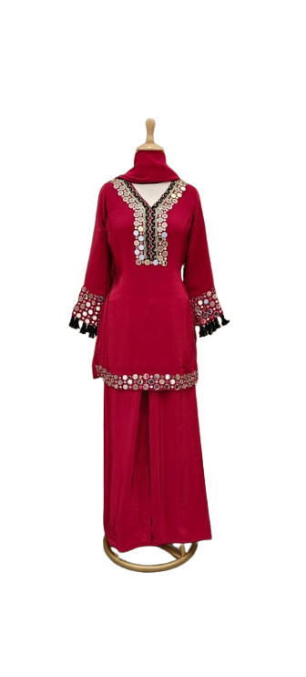 Pure crepe real mirror suit set in red