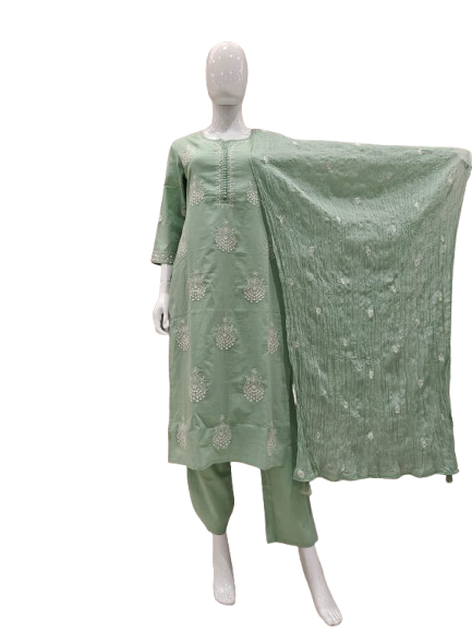 Pretty pretty cotton hand embroidery suit set in mint green