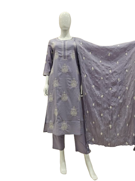 Pretty pretty cotton hand embroidery suit set in purple