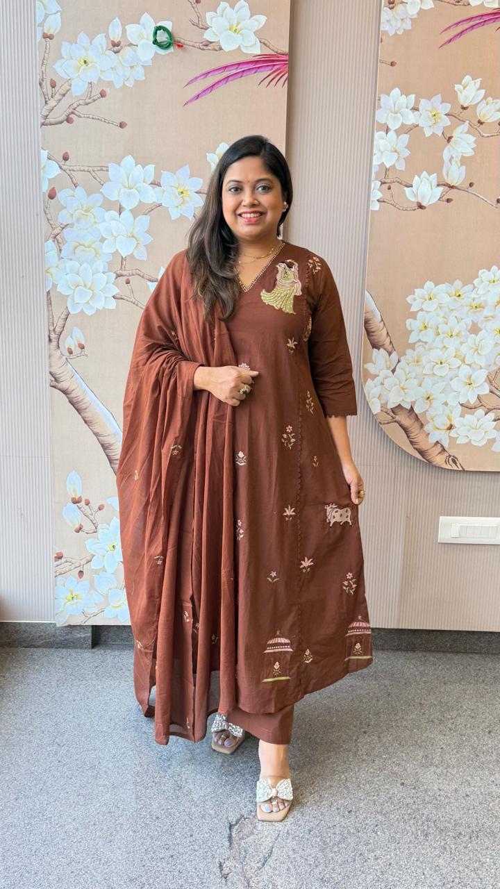 Pure cotton embroidered pichwai concept in brown full suit set