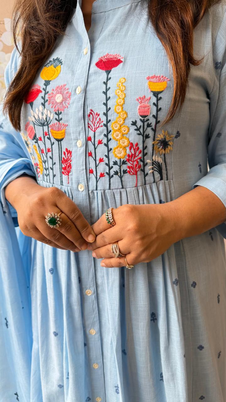 Premium embroidered cotton full suit set in blue