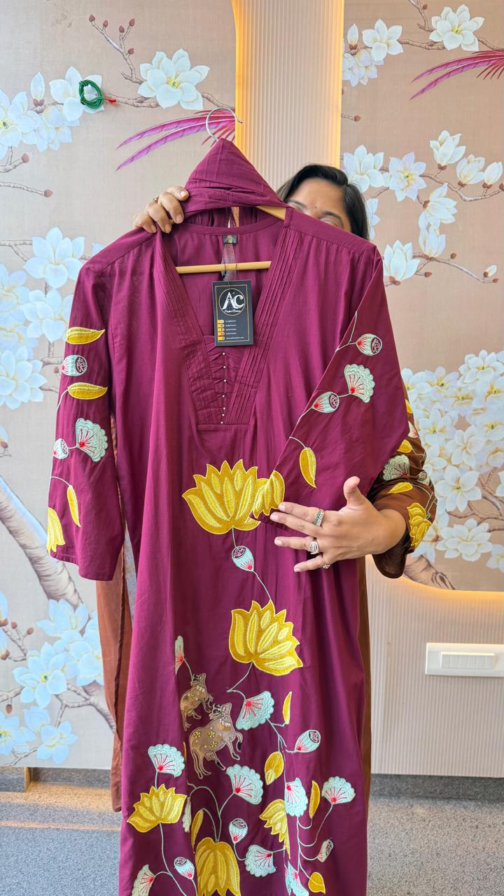 A line Applique work cotton suit set in wine(comfort fit)