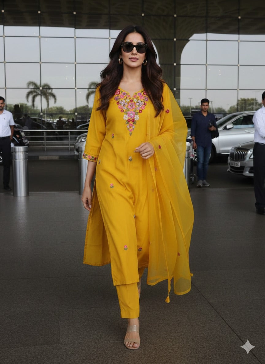 Premium Modale embroidered suit set paired with organza dupatta in yellow