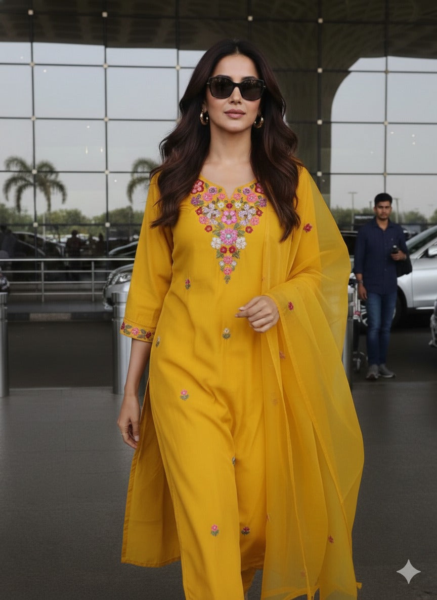 Premium Modale embroidered suit set paired with organza dupatta in yellow