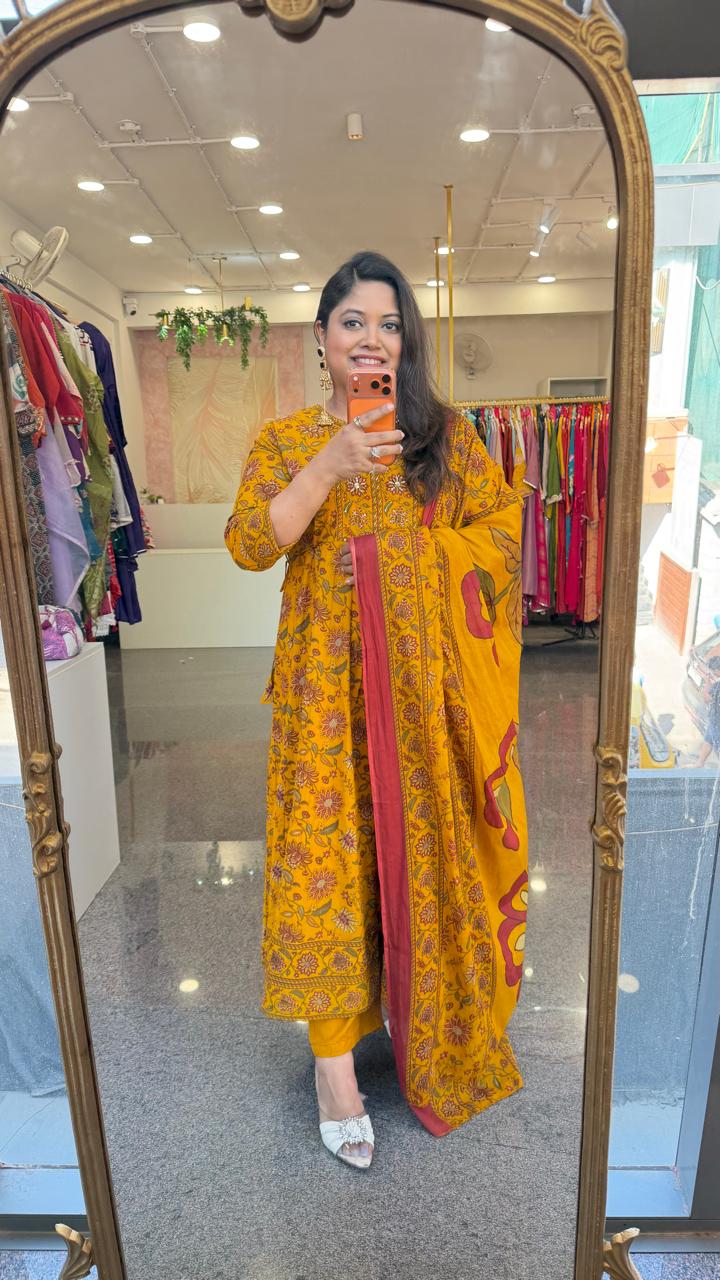 Pure cotton Kalamkari Anarkali suit set in yellow