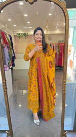 Pure cotton Kalamkari Anarkali suit set in yellow