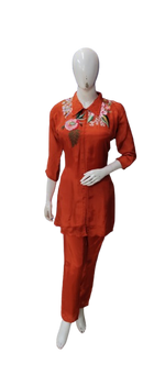 Premium fully embroidered orange Mul chanderi co ord set