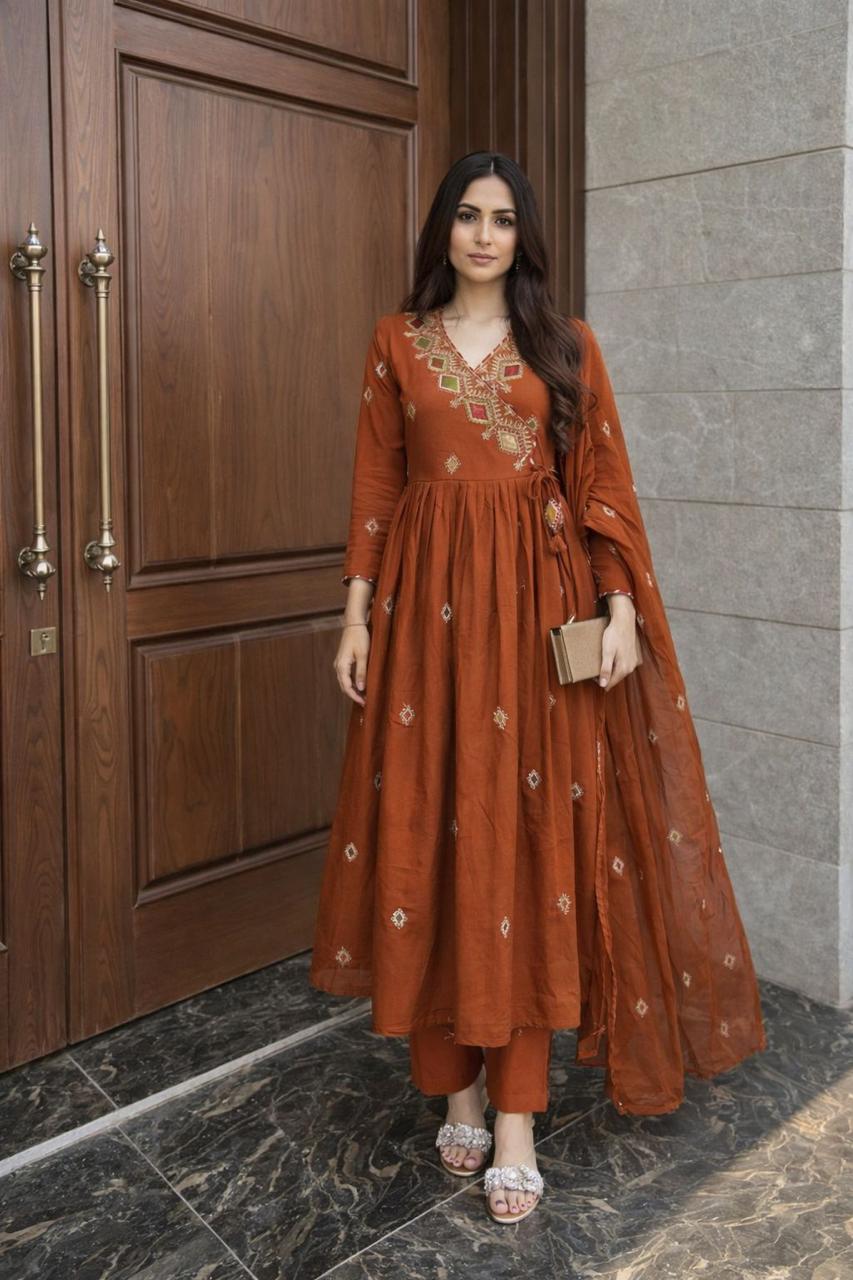 Super premium zari embroidered cotton angrakha Anarkali suit set in orange