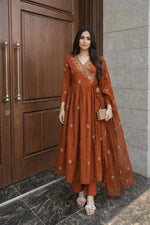 Super premium zari embroidered cotton angrakha Anarkali suit set in orange