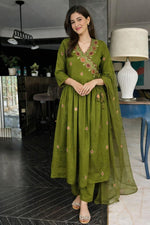 Super premium zari embroidered cotton angrakha Anarkali suit set in green