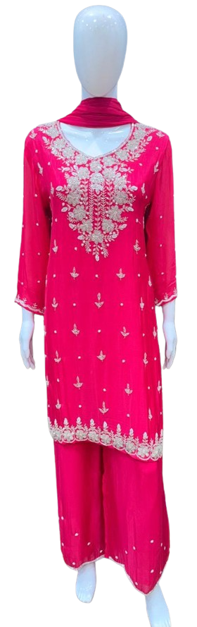 Premium chinon full hand work suit set in pink