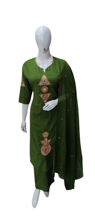 Pretty cotton fully embroidered suit set in green
