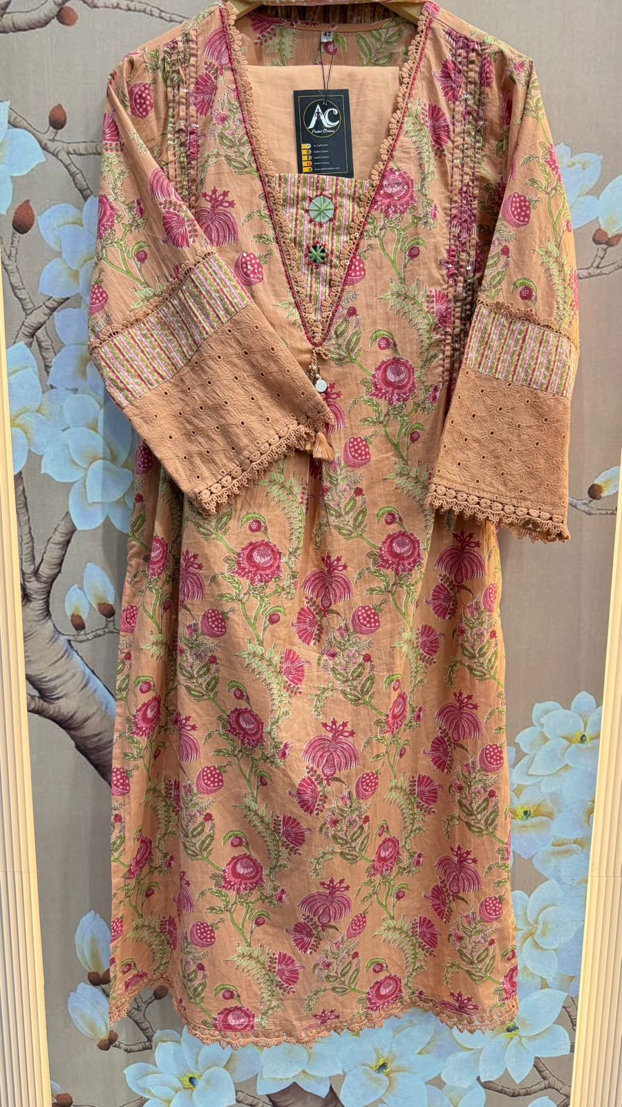 Premium pure cotton shifli detailing on sleeves in peach