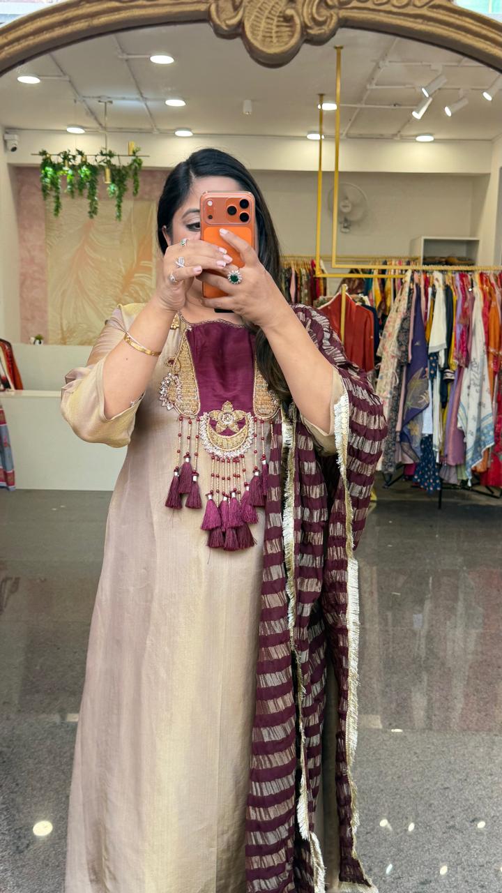 Premium glass tissue lining suit set slim fit but extra margin available golden with wine