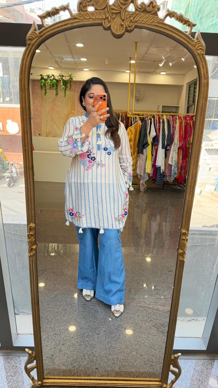 Restocked !! Premium denim cotton baggy pants paired with organic cotton digital printed and embellished flower co ord set