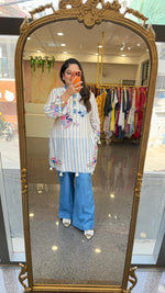 Restocked !! Premium denim cotton baggy pants paired with organic cotton digital printed and embellished flower co ord set