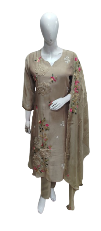 Premium Mul chanderi applique work suit set